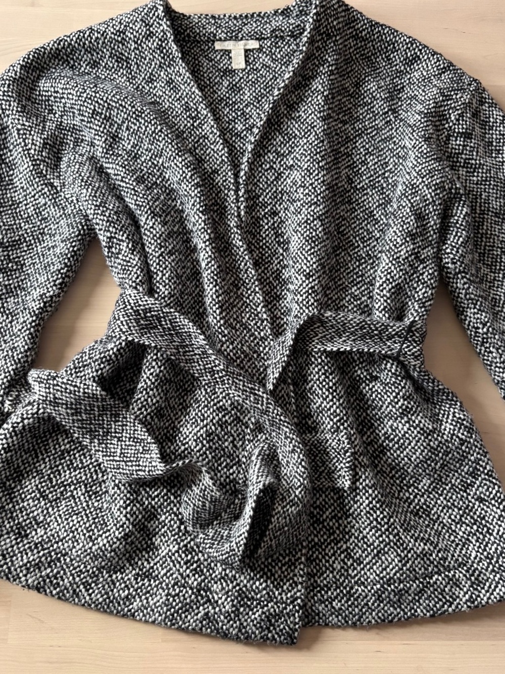 Eileen Fisher Textured Knit Belted Wrap Jacket Cardigan-Black&White Size S
